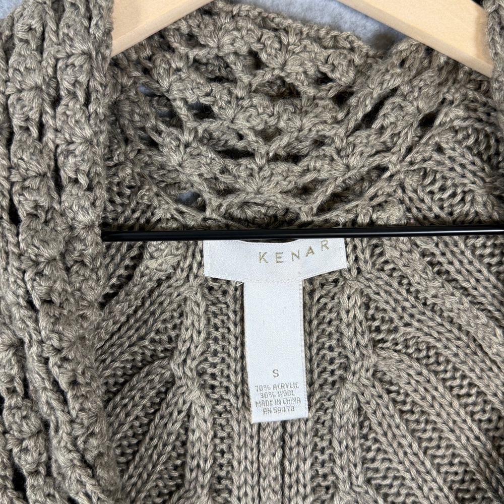 Kenar Cardigan Sweater Taupe Ribbed Crochet Trim Wool Blend Boho Earthy Cozy - Picture 3 of 9